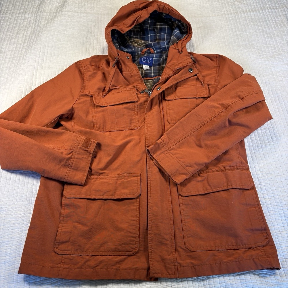 Simply Styled Utility Jacket Mens Med Rust Orange Hooded Plaid Lined Field Coat